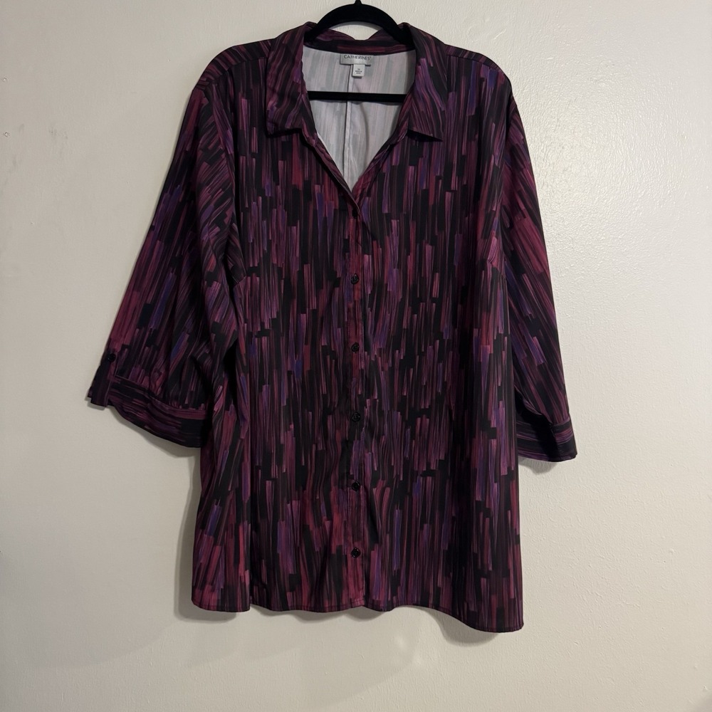 Catherines Button Up Tunic Womens Shirt Size 3X 3/4 Roll Tab Sleeves Stretch